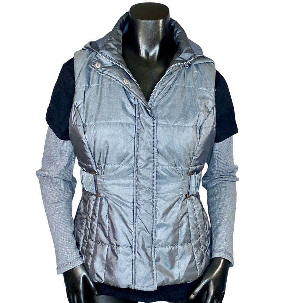 New York & Co Puffer Vest Removable Hood Zip Button Closure Silver Size XS